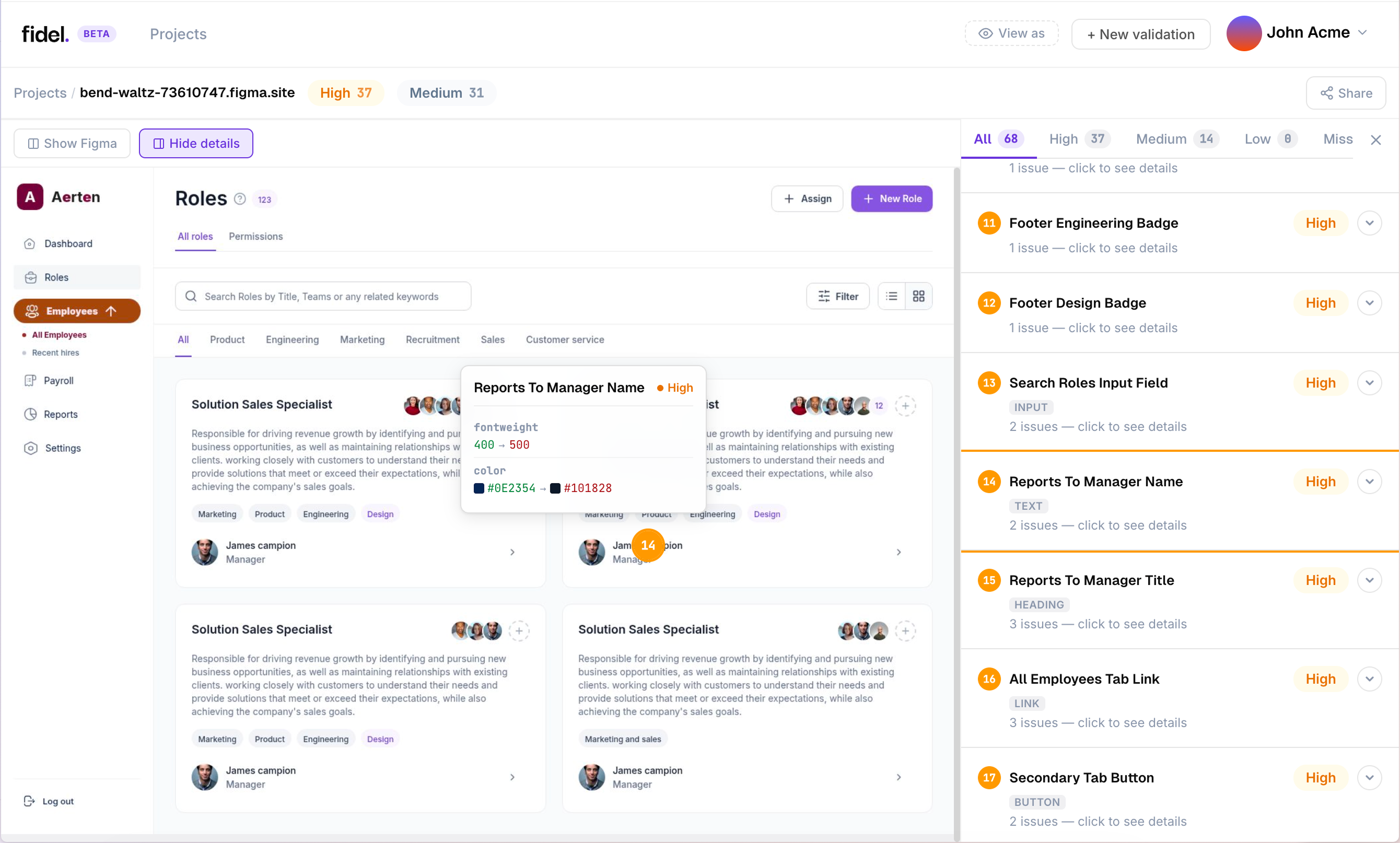 Fidel validation showing annotated web page with severity-ranked issues drawer